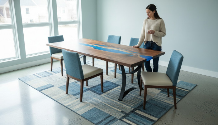 Iessdësch Blot Rivéier Dësch Eechte Holz 220x90 Dëscher Epoxidarësin Nei