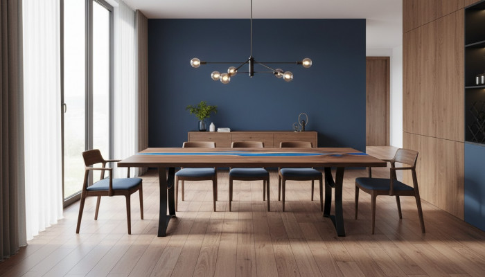 Iessdësch Blot Rivéier Dësch Eechte Holz 220x90 Dëscher Epoxidarësin Nei
