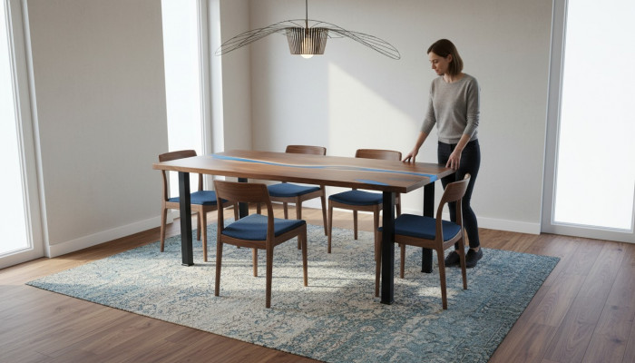 Floss Dëscher Iessdësch Design Dësch Modern Miwwelen 220x90 Epoxy Harz Ozean Mier