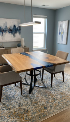 Iessdësch River Table Echt Holz Flosstisch 110x110 Massiv Dëscher