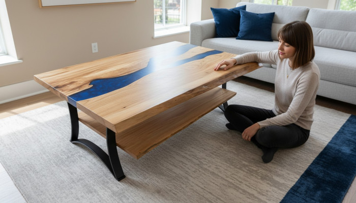 Couchtisch River Table Echt Holz Flossdësch Epoxidharz Massiv Dëscher
