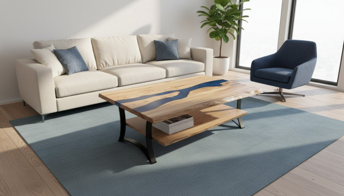 Couchtisch River Table Echt Holz Flossdësch Epoxidharz Massiv Dëscher