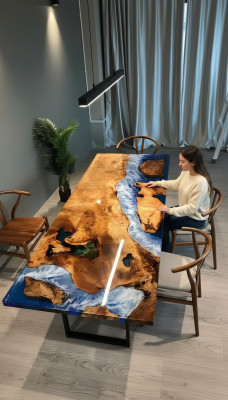 Iessdësch Design Dësch Harz Modern Dëscher Mier Floss Miwwelen 220x90 Epoxy Ozean