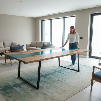 Floss Dëscher Iessdësch Design Dësch Modern Miwwele 220x100 Epoxid Harz Ozean Mier