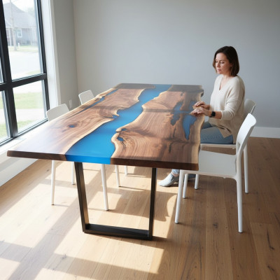 Floss Dëscher Iessdësch Design Dësch Modern Mier Miwwelen 220x90 Epoxy Harz Ozean