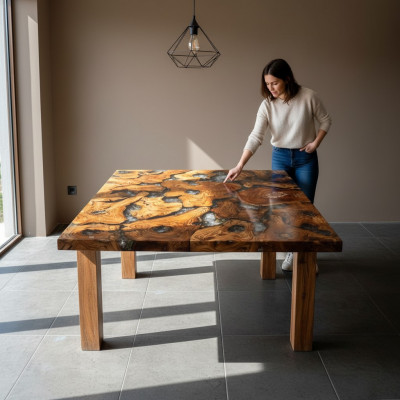 Epoxidharz-Iessdësch aus echtem massivt Holz, Miwwel Waasserfall Epoxy Dësch 100x100