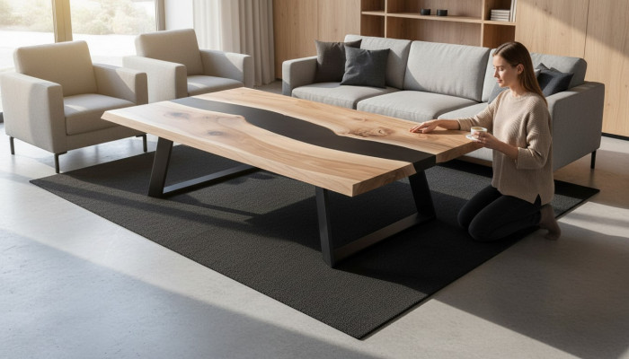 Epoxy-Harz Dësch Holz Couchtisch Handaarbecht Massive Wunnzëmmer Miwwelen