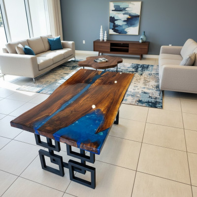 Couchtisch Blue River Table Eechte Holz Flossdësch 140x80 Dëscher