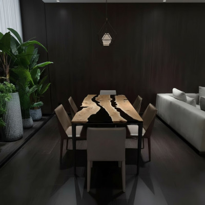 Couchtisch Black River Table Eechte Holz Flossdësch 220x90 Dëscher Epoxidharz Nei