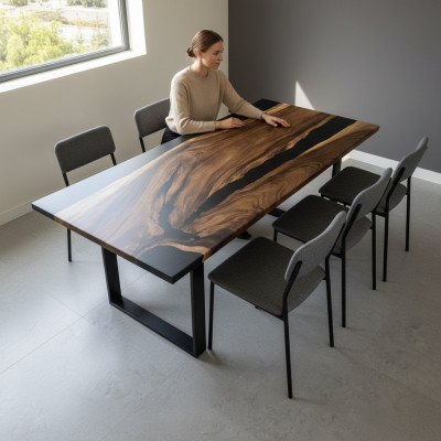 Iessdësch Black River Table Richtegt Holz 220x95 Dëscher Epoxidharz Nei