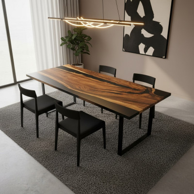 Iessdësch Black River Table Richtegt Holz 220x95 Dëscher Epoxidharz Nei
