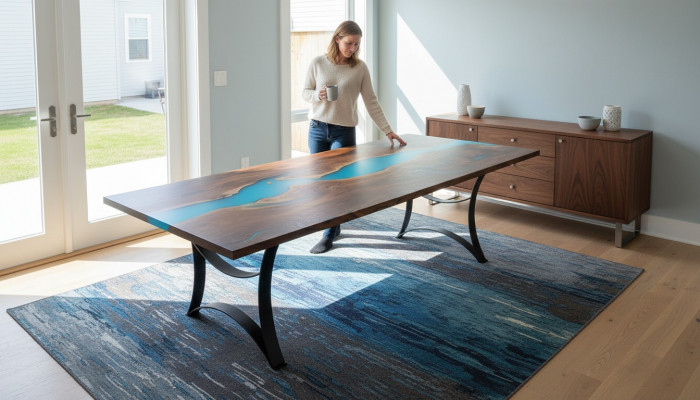 Iessdësch Dëscher Epoxy Harz echt Holz massiiv Miwwelen Epoxy Dësch Waasserfall nei