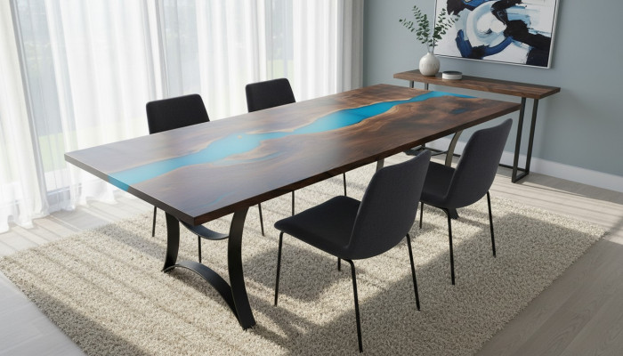 Iessdësch Dëscher Epoxy Harz echt Holz massiiv Miwwelen Epoxy Dësch Waasserfall nei