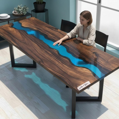 Epoxidharz Flossendësch Eechte Massivholz Blo Waasser Dëscher Epoxy Miwwelen Nei