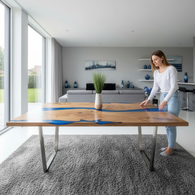 Dëscht Iessdësch Design Dësch Modern Mier Floss Miwwelen 220x90 Epoxidharz Ozean