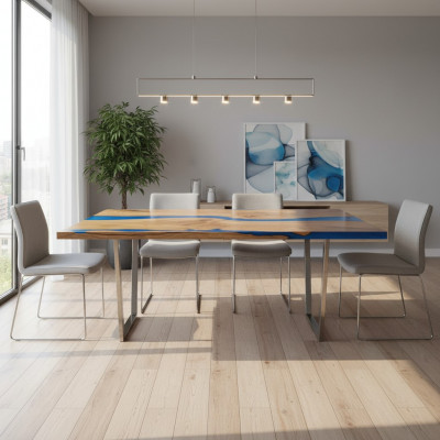 Dëscht Iessdësch Design Dësch Modern Mier Floss Miwwelen 220x90 Epoxidharz Ozean
