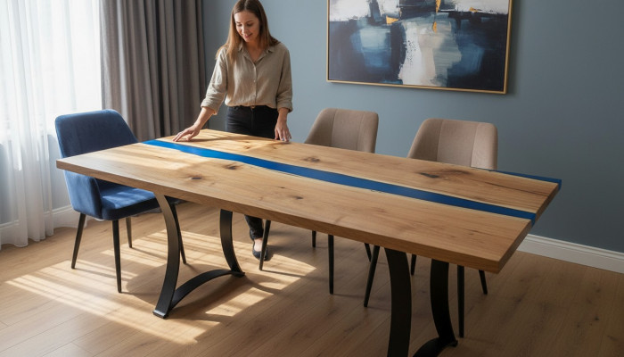 Epoxyharz Iessdësch echt Holzmiwwelen Waasserfall Epoxy Dësch Giessharz massiiv.