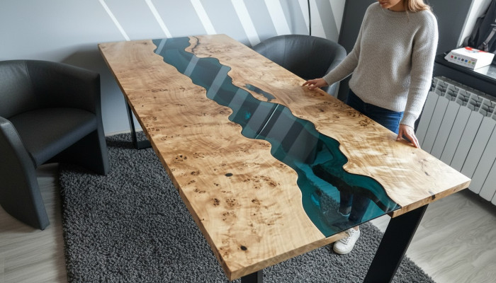 Dësch Epoxyharz Iessdësch Holz Massiv Miwwelen Epoxy Dësch Gießharz Waasserfall