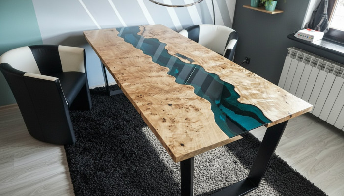 Dësch Epoxyharz Iessdësch Holz Massiv Miwwelen Epoxy Dësch Gießharz Waasserfall