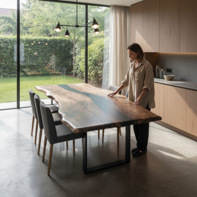 Iessdësch Epoxidharz Echt Holz massiv Miwwelen Waasserfall Epoxy Dësch Géisstharz