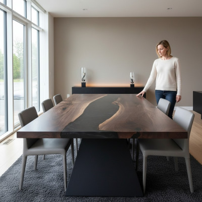 Epoxidharz Iessdësch Echte Holz Massiv Miwwelen Waasserfall Epoxy Dësch 220x100cm