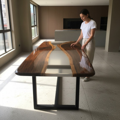 Dëscher Epoxidharz Iessdësch Holz massiiv Miwwelen Waasserfall Epoxy Dësch Gëssharz