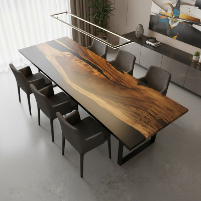 Epoxidharz-Iessdësch echte Holz Massivmiwwelen Waasserfall Epoxid Dësch 260x91cm