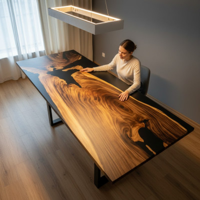 Dësch Iessdësch Dëscher Epoxidharz Epoxy Echt Holz Massiv Miwwelen Waasserfall
