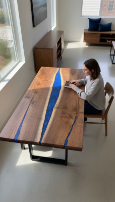 Waasserfall Dësch Epoxidharz Iessdësch Epoxy Dëscher Echt Holz Massiv Miwwelen