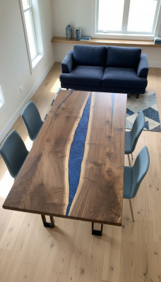 Waasserfall Dësch Epoxidharz Iessdësch Epoxy Dëscher Echt Holz Massiv Miwwelen