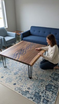 Floss Dëscher Iessdësch Design Dësch Modern Mier Miwwelen 100x100 Epoxy Harz Ozean