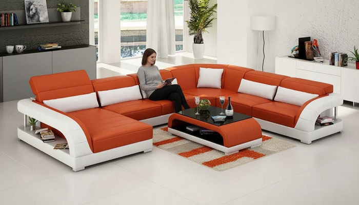 Ecksofa U-Form Modern Sofa Lieder Canapéen Polster Designer Sofaen Dësch 2-teileg