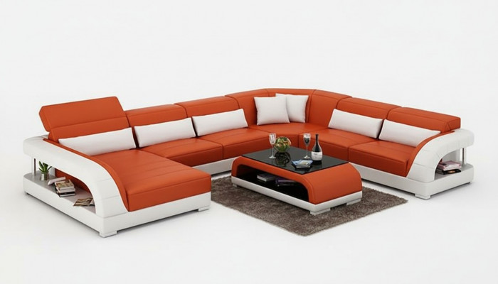 Ecksofa U-Form Modern Sofa Lieder Canapéen Polster Designer Sofaen Dësch 2-teileg