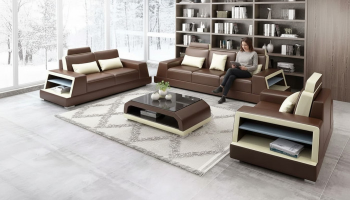 Sofagarnitur 3+2+1 Sëtzer Couchtisch Ledersofa Moderne Sofa Couch Wunnlandschaft