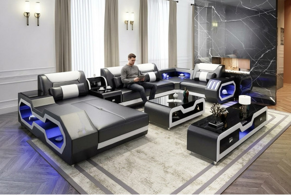 Ecksofa U-Form Couchtisch Sideboard Ledersofa Wunnlandschaft Designer Sofa Set