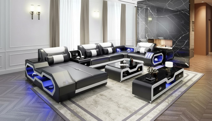 Ecksofa U-Form Couchtisch Sideboard Ledersofa Wunnlandschaft Designer Sofa Set