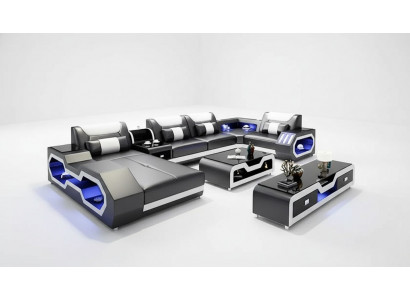 Ecksofa U-Form Couchtisch Sideboard Ledersofa Wunnlandschaft Designer Sofa Set