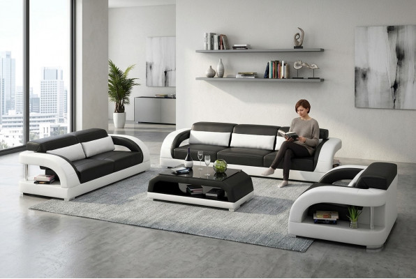 Ledersofa Sofagarnitur 3+2+1 Sëtzer + Couchtisch Ledersofa Modern Sofa