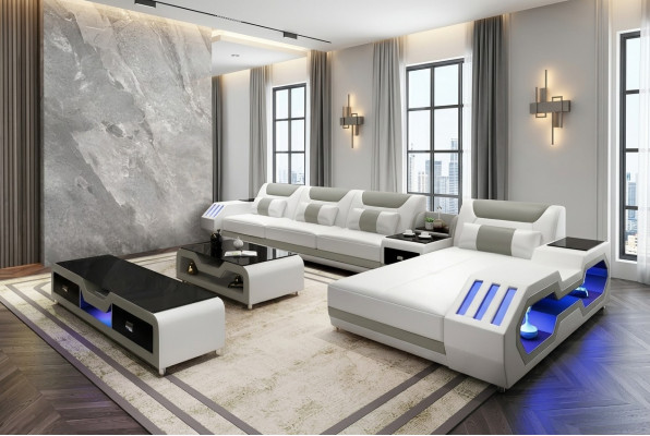 Ledercouch LED beliicht Designer Eckcouch Polster Eckgarnitur Sofa 2stéckeg