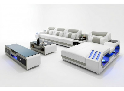 Ledercouch LED beliicht Designer Eckcouch Polster Eckgarnitur Sofa 2stéckeg