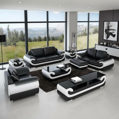 Klassesch Ledersofa Garnitur Komplett Set 8-Stéck. Wunnzëmmer Set Dësch Hocker