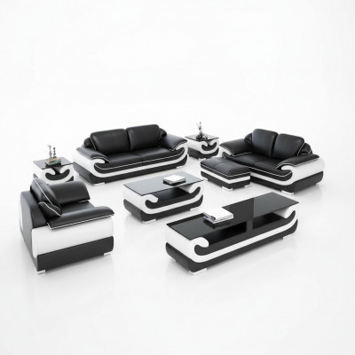 Klassesch Ledersofa Garnitur Komplett Set 8-Stéck. Wunnzëmmer Set Dësch Hocker