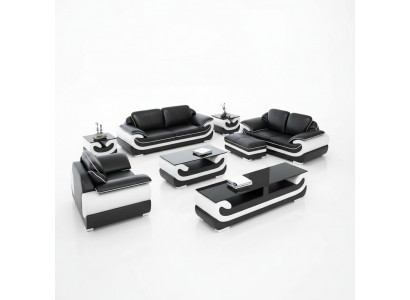 Klassesch Ledersofa Garnitur Komplett Set 8-Stéck. Wunnzëmmer Set Dësch Hocker