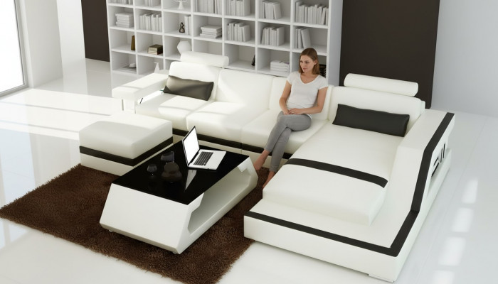 Ledercanapé Eckcanapé L Form Couchdësch Pouf Wohnlandschaft Modern Canapé 3tlg nei