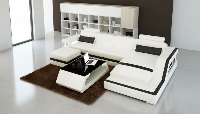 Ledercanapé Eckcanapé L Form Couchdësch Pouf Wohnlandschaft Modern Canapé 3tlg nei