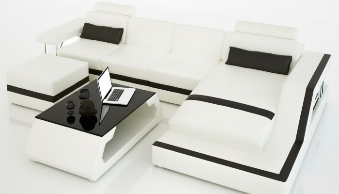 Ledercanapé Eckcanapé L Form Couchdësch Pouf Wohnlandschaft Modern Canapé 3tlg nei