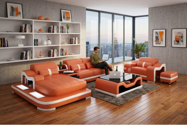 Moderne Eckcouch Couch an L-Form Dekosessel, Salon Dësch, Hocker, Eckcouch, Polstersëtz
