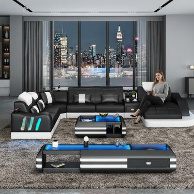 Design Wunnlandschaft Led beliichte Ecke-Sofa Couch Sofa Eckgarnitur Ledersofa