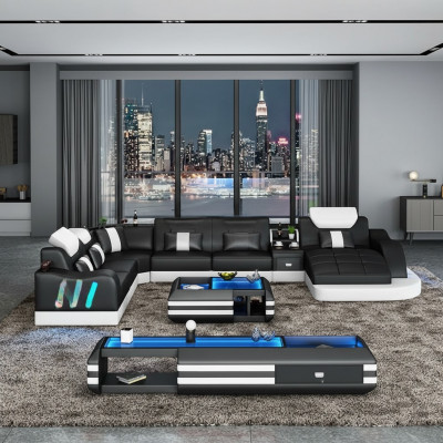 Design Wunnlandschaft Led beliichte Ecke-Sofa Couch Sofa Eckgarnitur Ledersofa