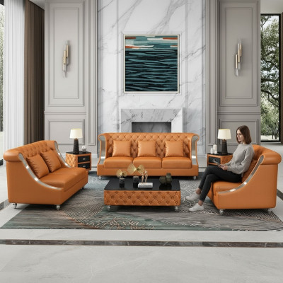 Design Wohnlandschaft Sofagarnitur 3+2 Sëtzer Ledersofa Wunnzëmmer Chesterfield